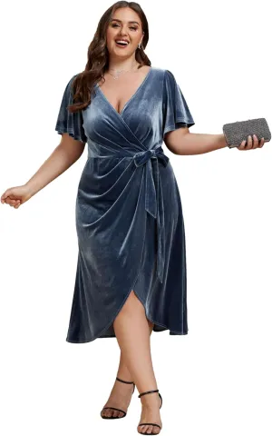 Ever-Pretty Women's One Piece V Neck Ruffled Sleeves Velvet Plus Size Wedding Guest Dress 01964-DA
