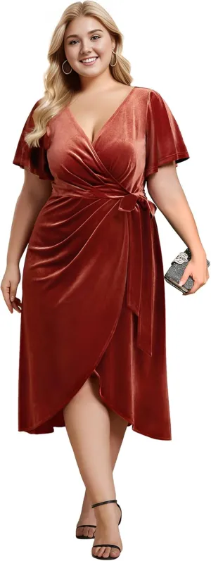 Ever-Pretty Women's One Piece V Neck Ruffled Sleeves Velvet Plus Size Wedding Guest Dress 01964-DA