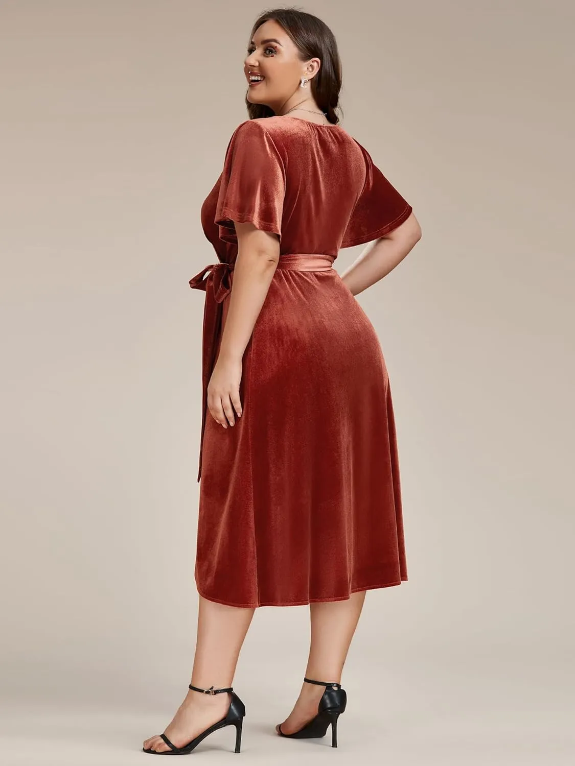 Ever-Pretty Women's One Piece V Neck Ruffled Sleeves Velvet Plus Size Wedding Guest Dress 01964-DA