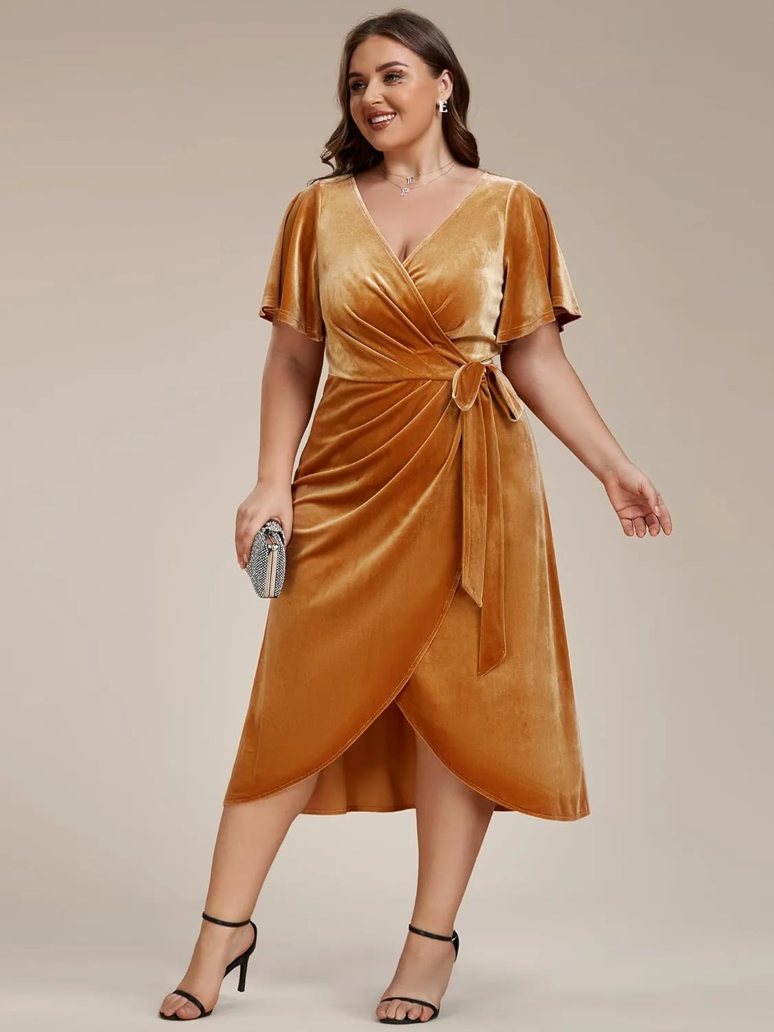 Ever-Pretty Women's One Piece V Neck Ruffled Sleeves Velvet Plus Size Wedding Guest Dress 01964-DA