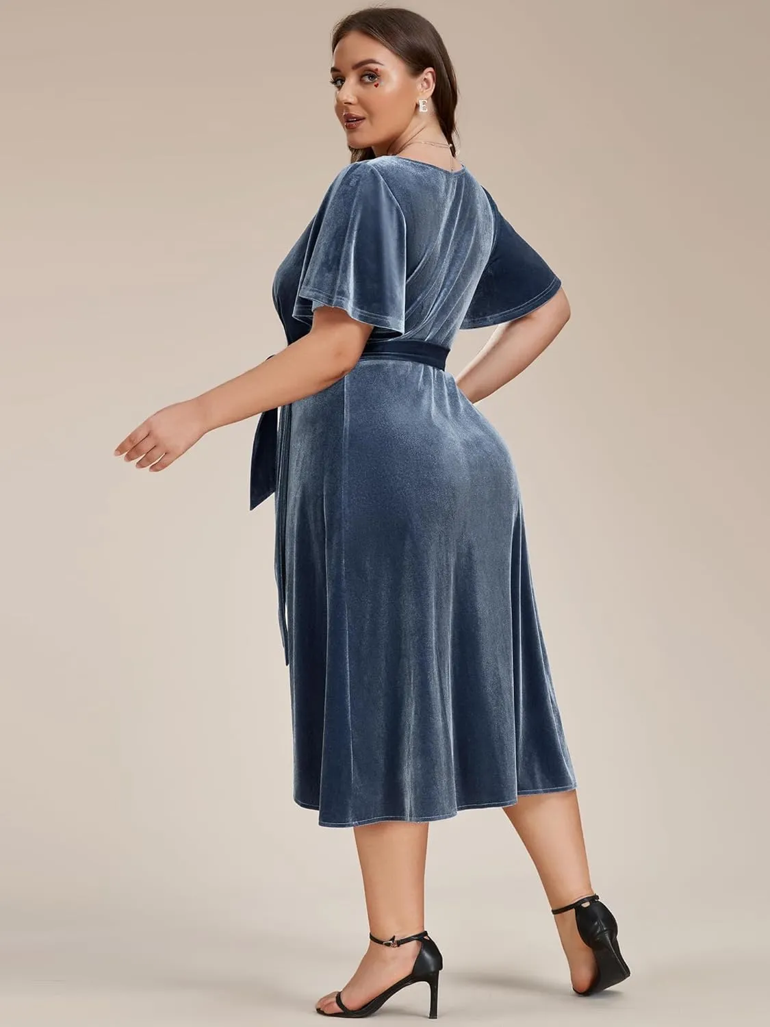 Ever-Pretty Women's One Piece V Neck Ruffled Sleeves Velvet Plus Size Wedding Guest Dress 01964-DA
