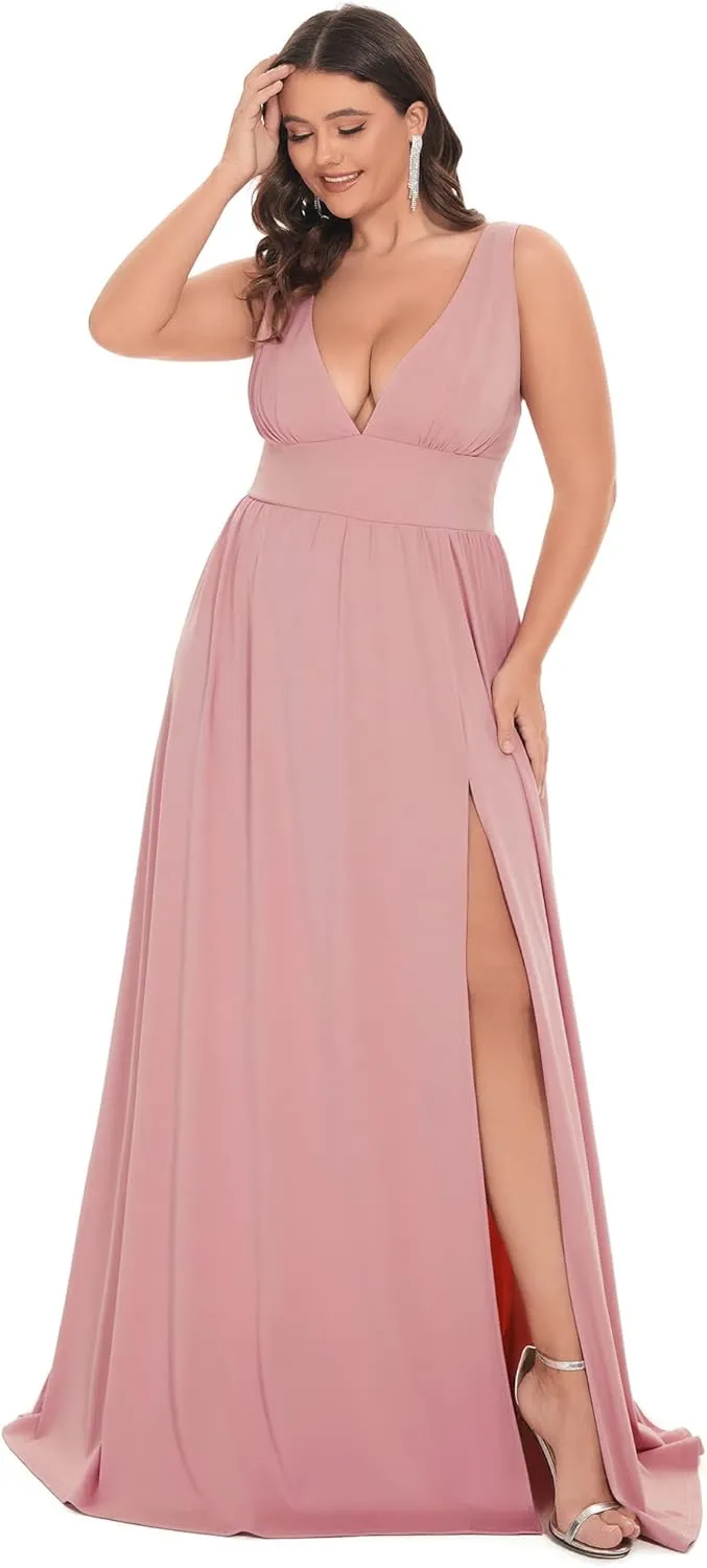 Ever-Pretty Women's Wedding Guest Maxi High Stretch Side Slit Pleated Sleeveless Plus Size Formal Dresses