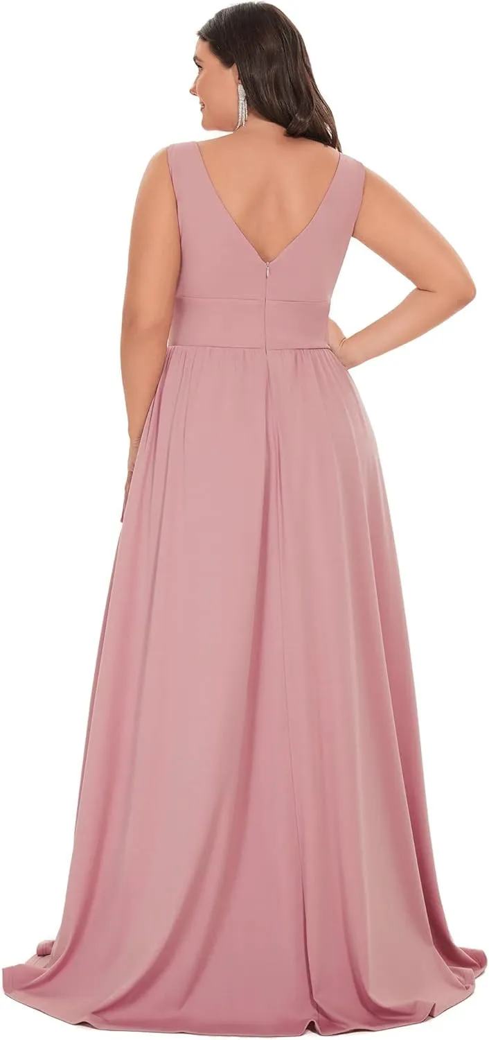 Ever-Pretty Women's Wedding Guest Maxi High Stretch Side Slit Pleated Sleeveless Plus Size Formal Dresses