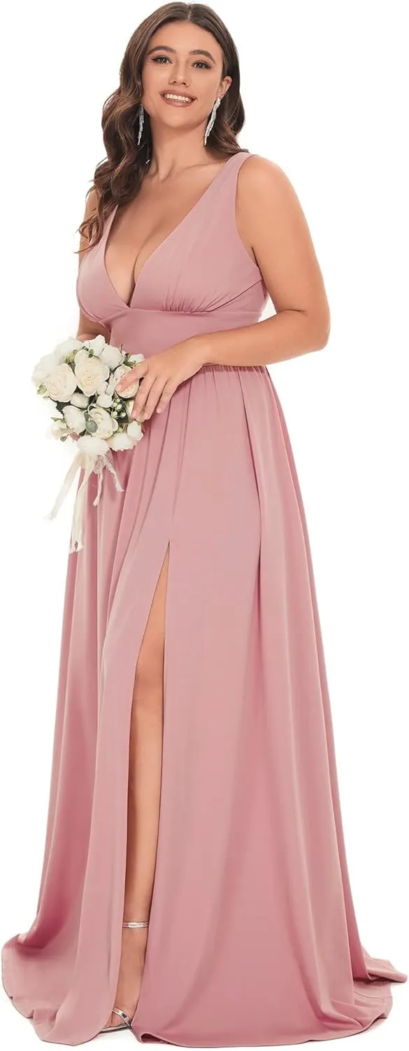 Ever-Pretty Women's Wedding Guest Maxi High Stretch Side Slit Pleated Sleeveless Plus Size Formal Dresses