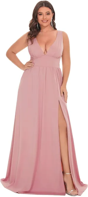 Ever-Pretty Women's Wedding Guest Maxi High Stretch Side Slit Pleated Sleeveless Plus Size Formal Dresses