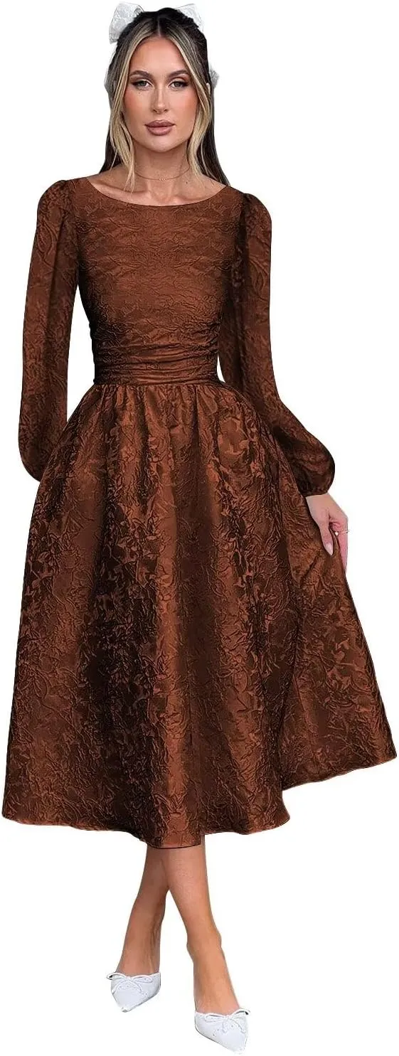 Fall Crew Neck Jacquard Floral Satin Long Sleeves Prom Dress Crew Neck Corset Aline Midi Cocktail Pary Dresses