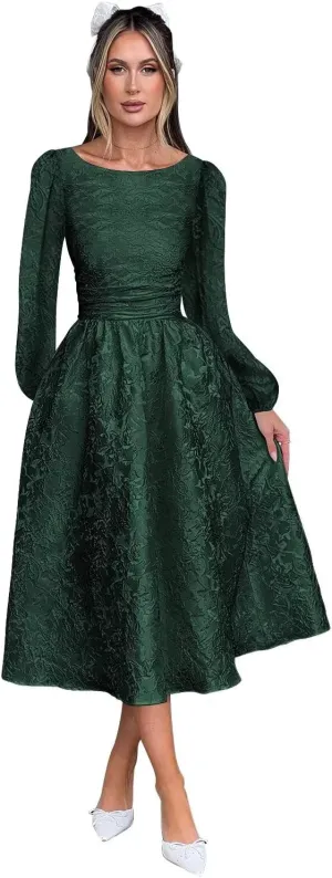 Fall Crew Neck Jacquard Floral Satin Long Sleeves Prom Dress Crew Neck Corset Aline Midi Cocktail Pary Dresses