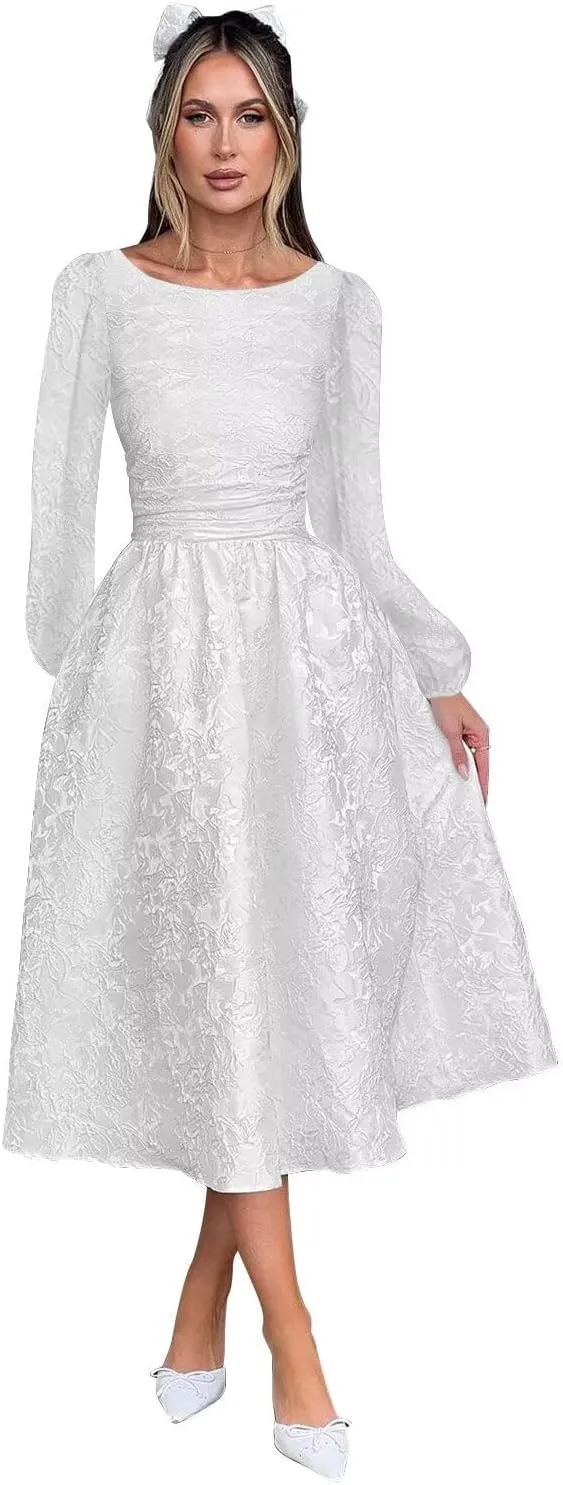 Fall Crew Neck Jacquard Floral Satin Long Sleeves Prom Dress Crew Neck Corset Aline Midi Cocktail Pary Dresses