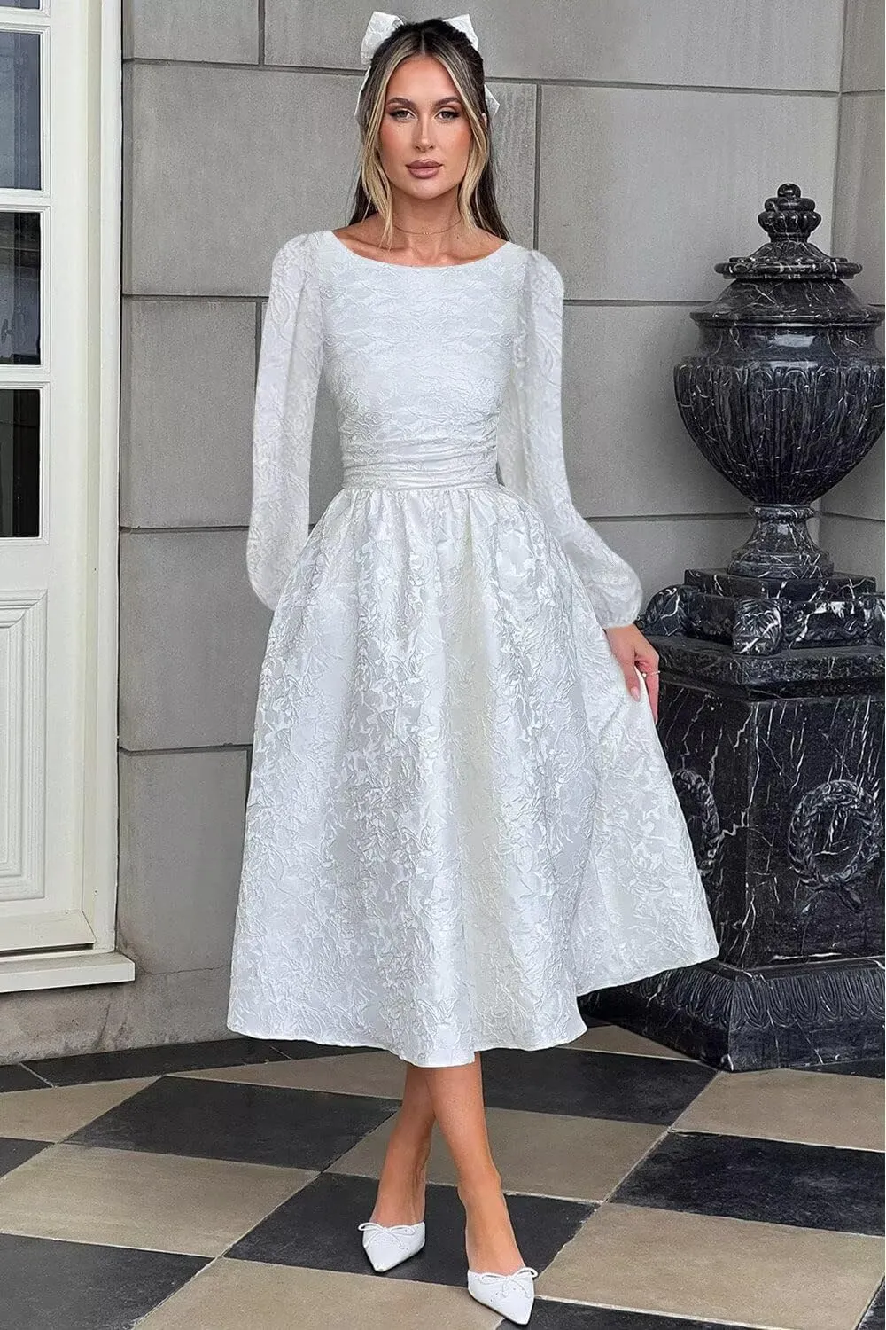 Fall Crew Neck Jacquard Floral Satin Long Sleeves Prom Dress Crew Neck Corset Aline Midi Cocktail Pary Dresses