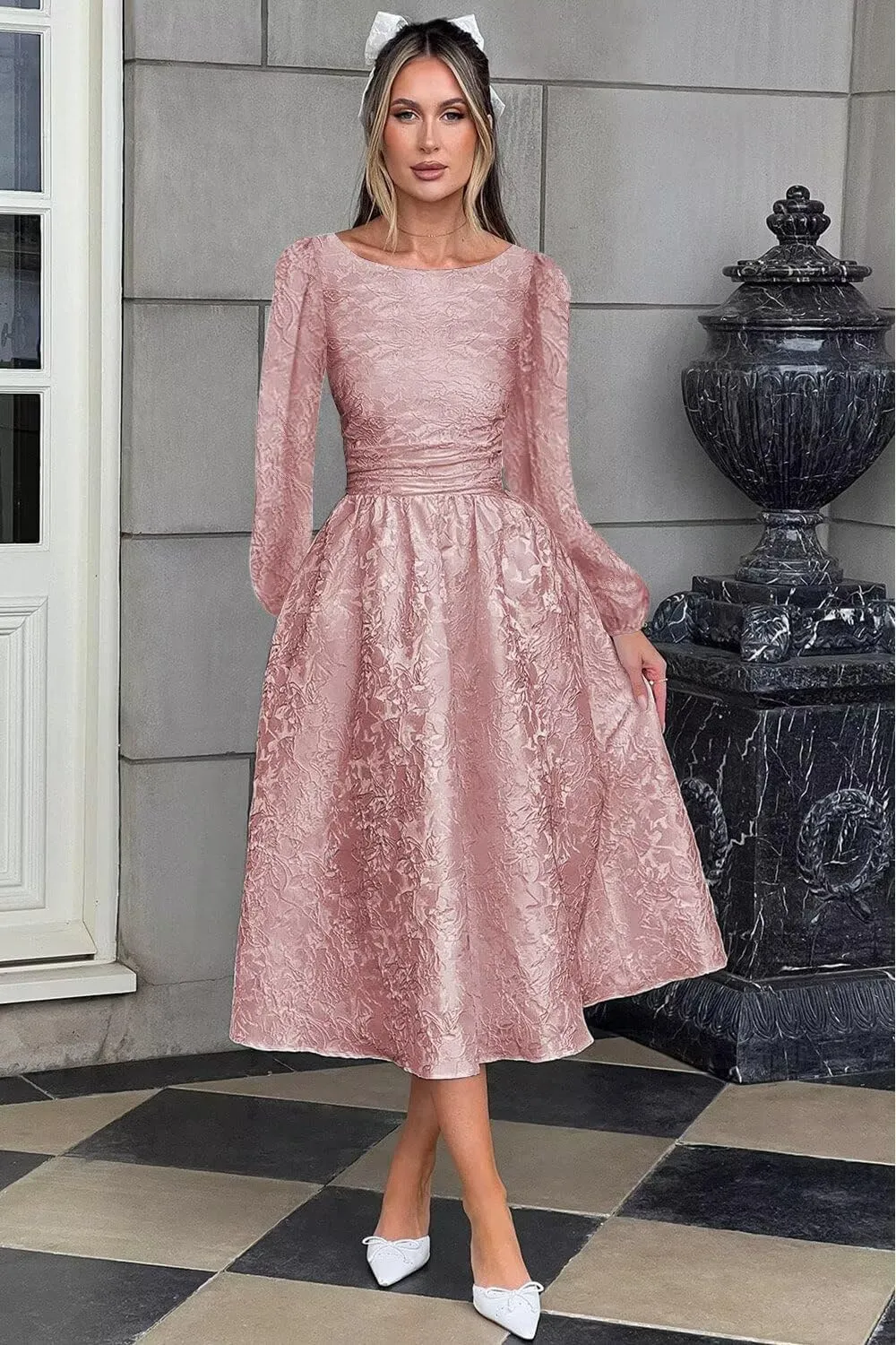 Fall Crew Neck Jacquard Floral Satin Long Sleeves Prom Dress Crew Neck Corset Aline Midi Cocktail Pary Dresses