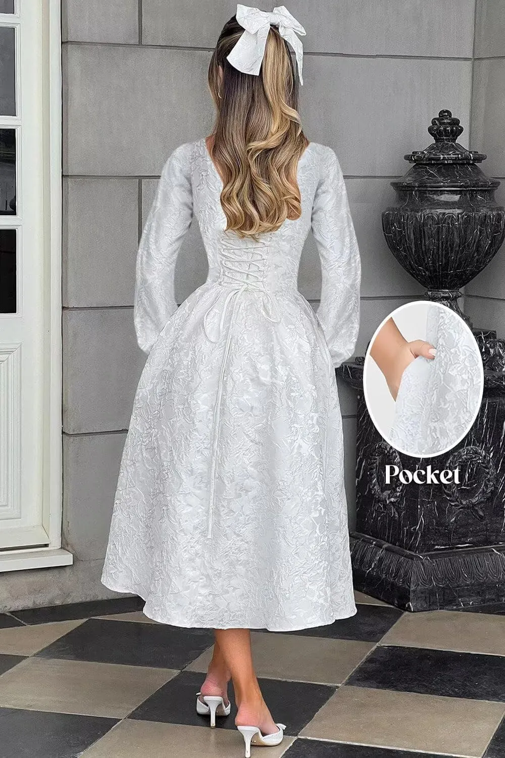 Fall Crew Neck Jacquard Floral Satin Long Sleeves Prom Dress Crew Neck Corset Aline Midi Cocktail Pary Dresses