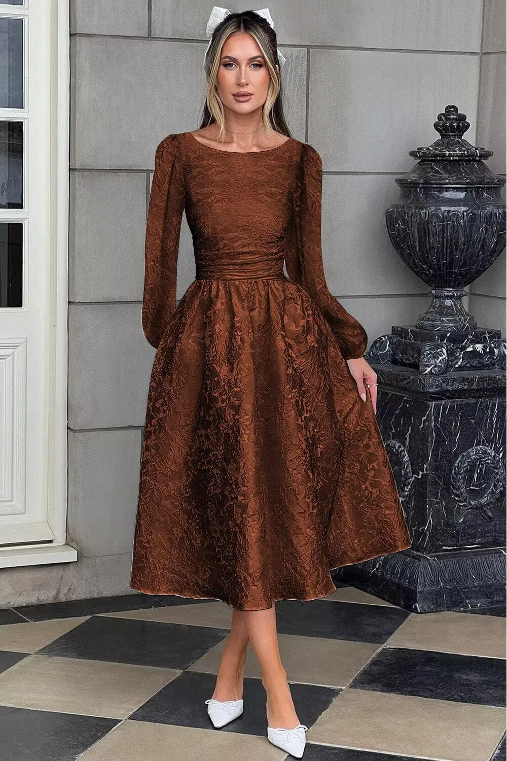 Fall Crew Neck Jacquard Floral Satin Long Sleeves Prom Dress Crew Neck Corset Aline Midi Cocktail Pary Dresses
