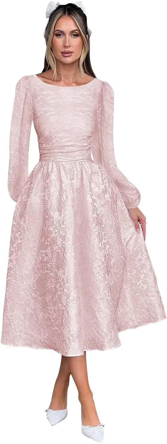 Fall Crew Neck Jacquard Floral Satin Long Sleeves Prom Dress Crew Neck Corset Aline Midi Cocktail Pary Dresses