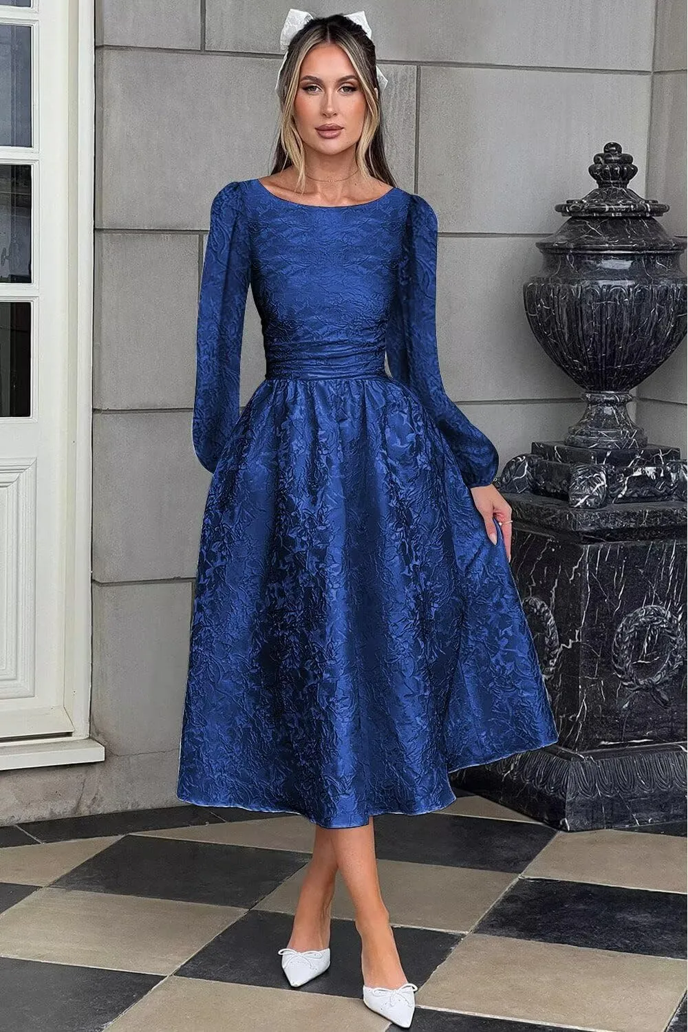 Fall Crew Neck Jacquard Floral Satin Long Sleeves Prom Dress Crew Neck Corset Aline Midi Cocktail Pary Dresses