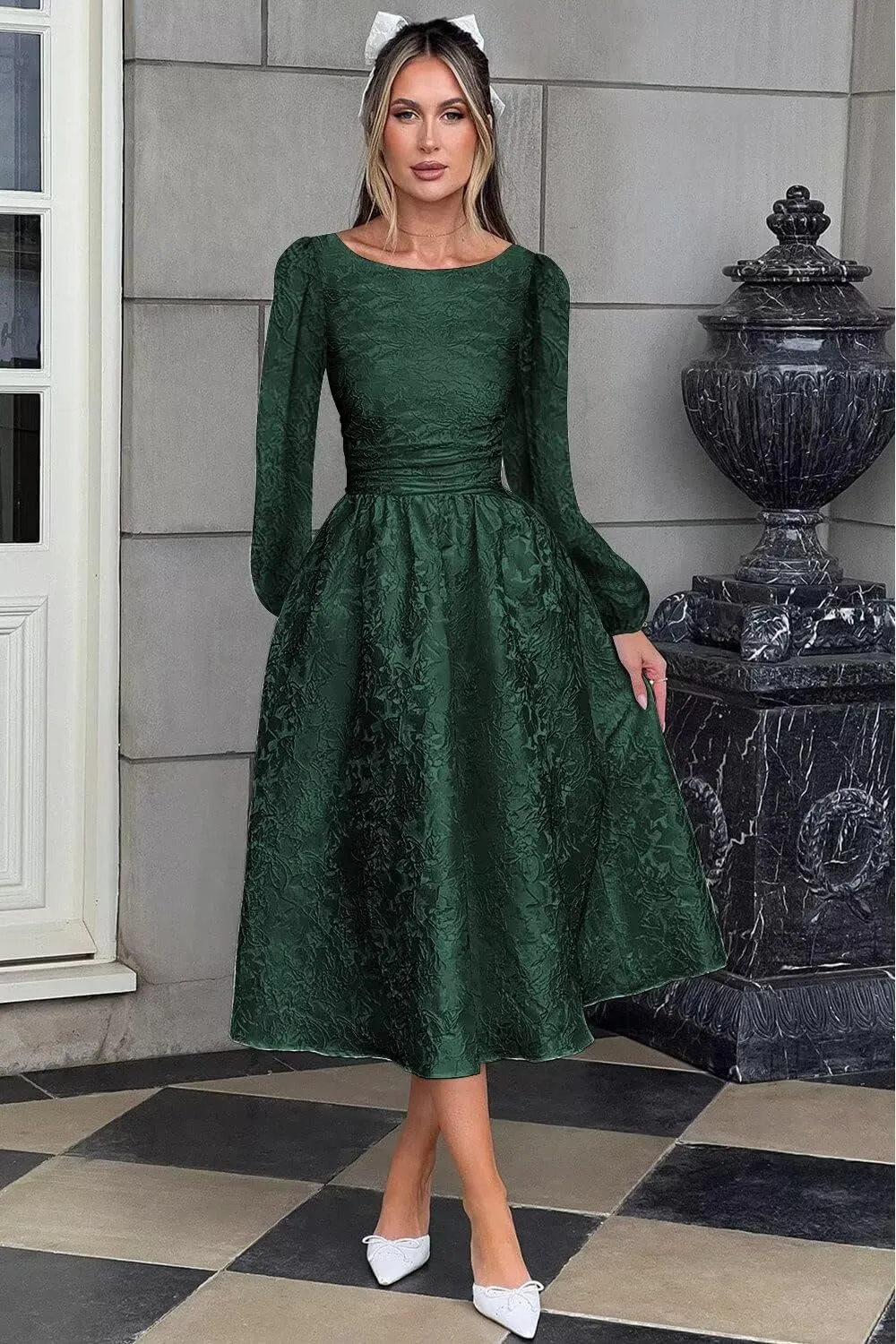 Fall Crew Neck Jacquard Floral Satin Long Sleeves Prom Dress Crew Neck Corset Aline Midi Cocktail Pary Dresses