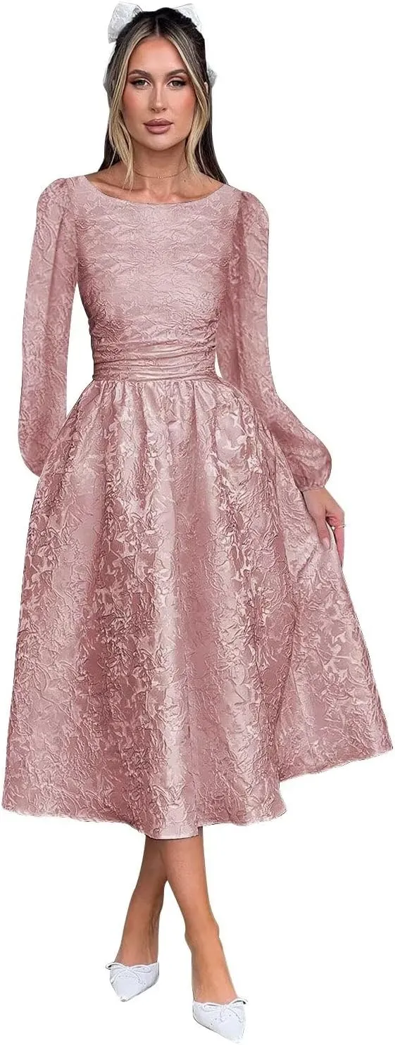 Fall Crew Neck Jacquard Floral Satin Long Sleeves Prom Dress Crew Neck Corset Aline Midi Cocktail Pary Dresses