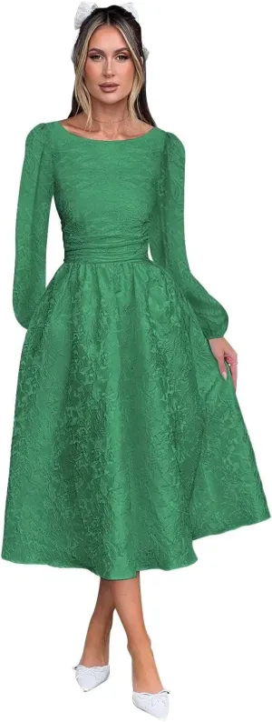 Fall Crew Neck Jacquard Floral Satin Long Sleeves Prom Dress Crew Neck Corset Aline Midi Cocktail Pary Dresses