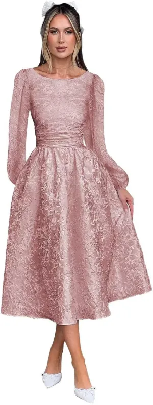 Fall Crew Neck Jacquard Floral Satin Long Sleeves Prom Dress Crew Neck Corset Aline Midi Cocktail Pary Dresses