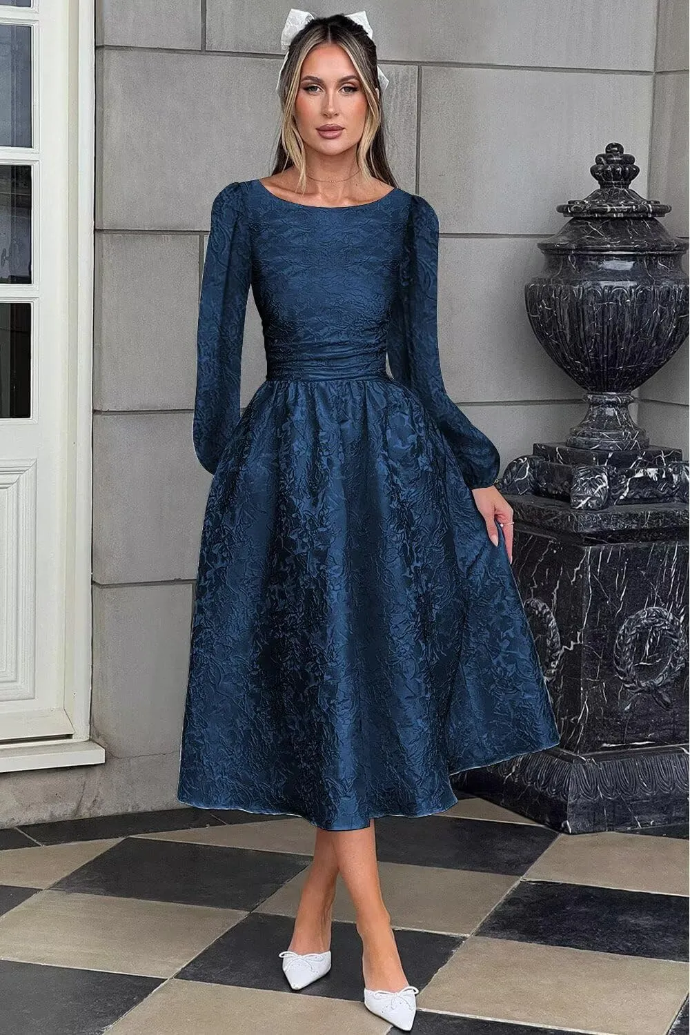 Fall Crew Neck Jacquard Floral Satin Long Sleeves Prom Dress Crew Neck Corset Aline Midi Cocktail Pary Dresses