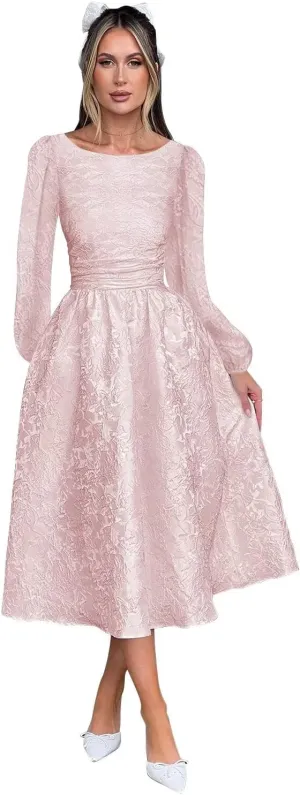 Fall Crew Neck Jacquard Floral Satin Long Sleeves Prom Dress Crew Neck Corset Aline Midi Cocktail Pary Dresses