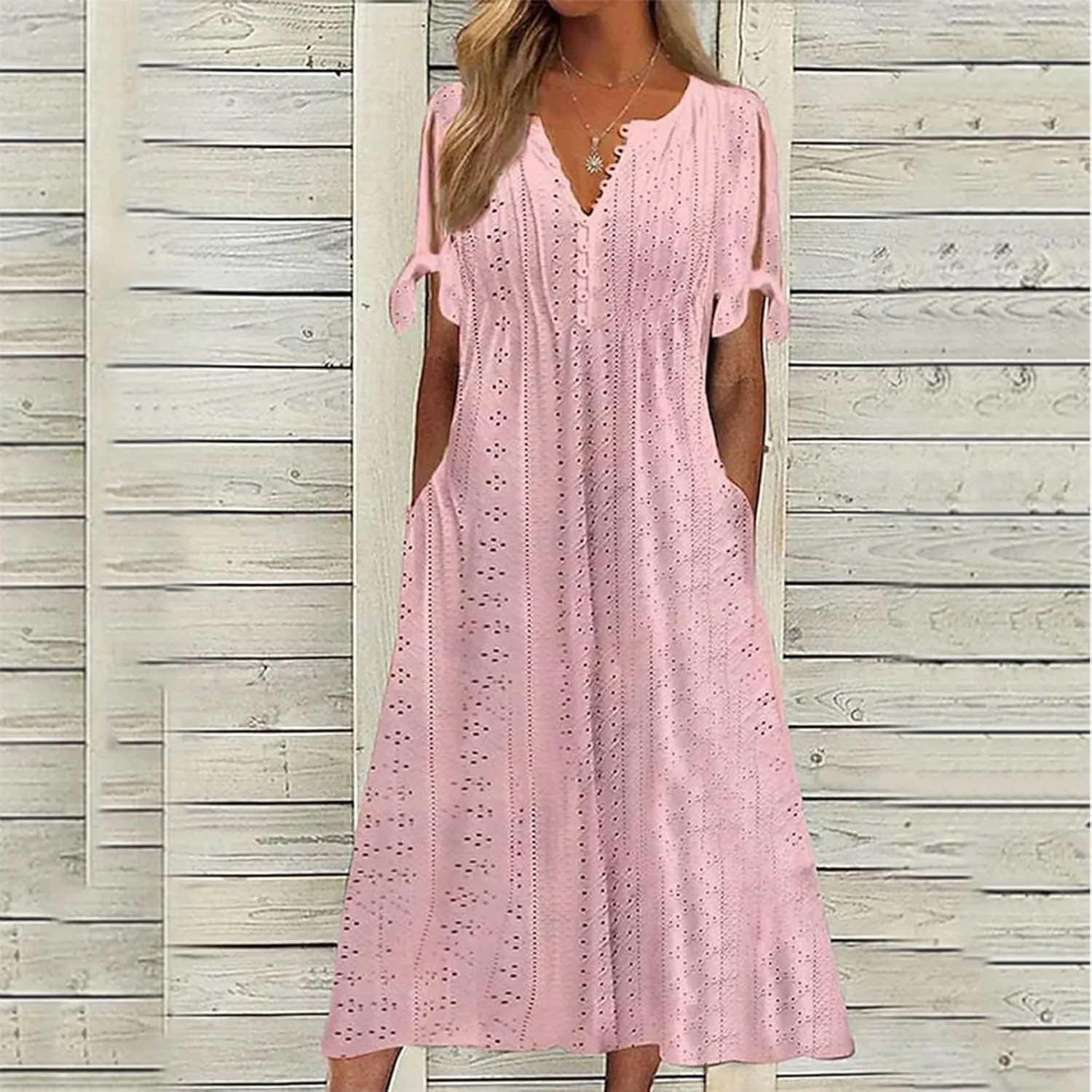 fanmpghleoo Maxi Dress for Women 2025 Cold Shoulder Eyelet Dress with Pockets Beach Vacation Boho Wedding Guest Midi Dresses