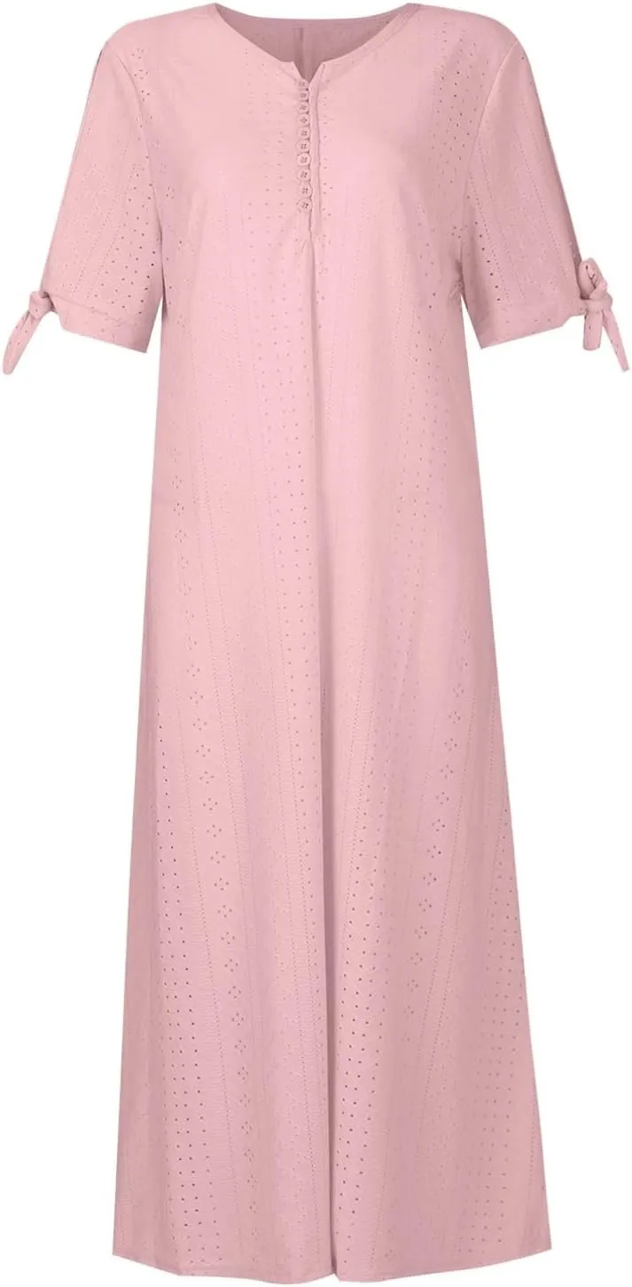 fanmpghleoo Maxi Dress for Women 2025 Cold Shoulder Eyelet Dress with Pockets Beach Vacation Boho Wedding Guest Midi Dresses