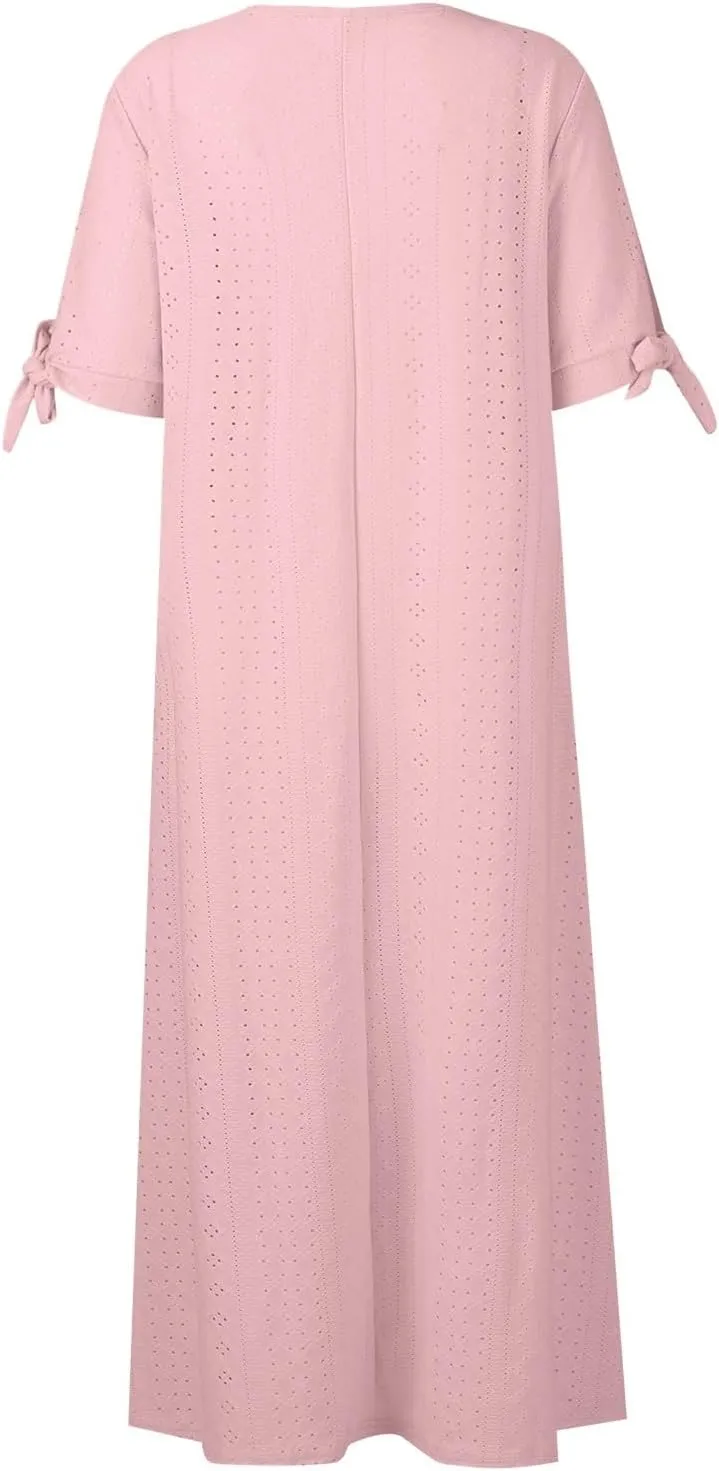 fanmpghleoo Maxi Dress for Women 2025 Cold Shoulder Eyelet Dress with Pockets Beach Vacation Boho Wedding Guest Midi Dresses