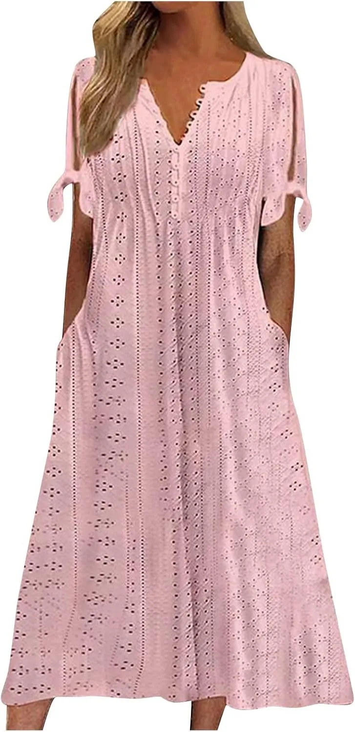 fanmpghleoo Maxi Dress for Women 2025 Cold Shoulder Eyelet Dress with Pockets Beach Vacation Boho Wedding Guest Midi Dresses