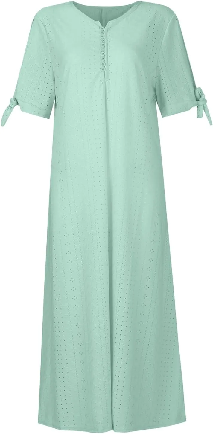 fanmpghleoo Maxi Dress for Women 2025 Cold Shoulder Eyelet Dress with Pockets Beach Vacation Boho Wedding Guest Midi Dresses