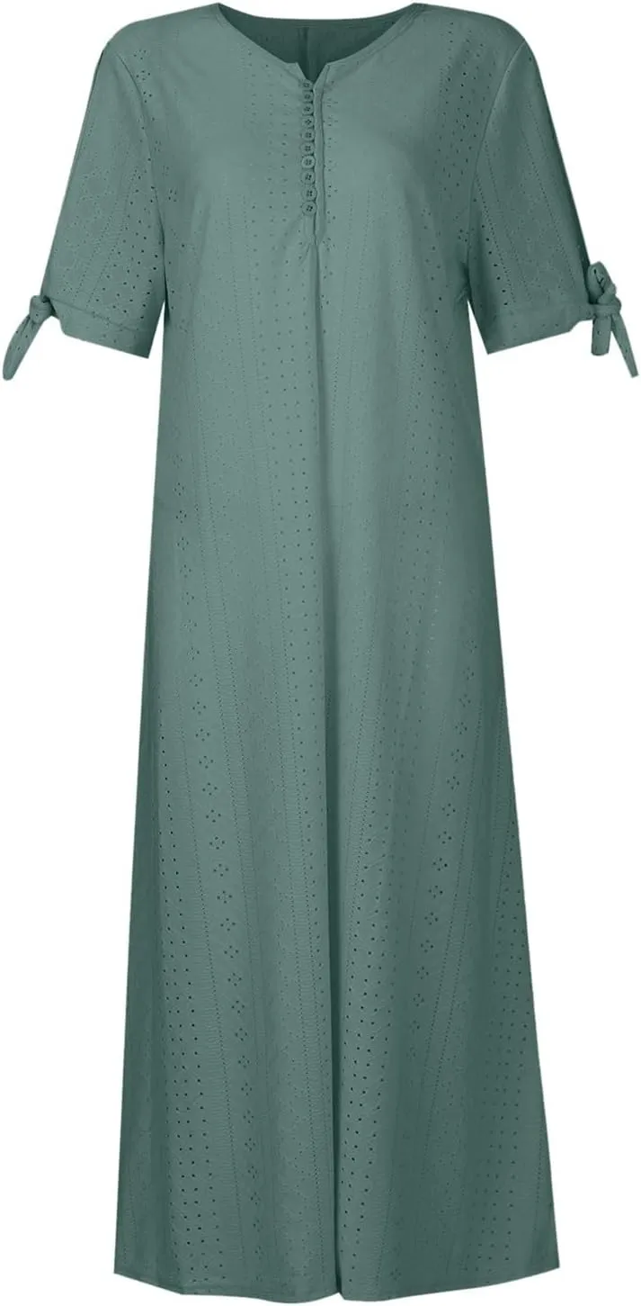fanmpghleoo Maxi Dress for Women 2025 Cold Shoulder Eyelet Dress with Pockets Beach Vacation Boho Wedding Guest Midi Dresses