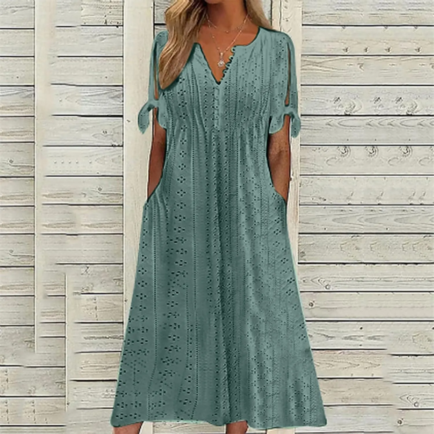 fanmpghleoo Maxi Dress for Women 2025 Cold Shoulder Eyelet Dress with Pockets Beach Vacation Boho Wedding Guest Midi Dresses