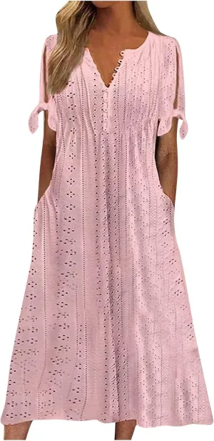 fanmpghleoo Maxi Dress for Women 2025 Cold Shoulder Eyelet Dress with Pockets Beach Vacation Boho Wedding Guest Midi Dresses