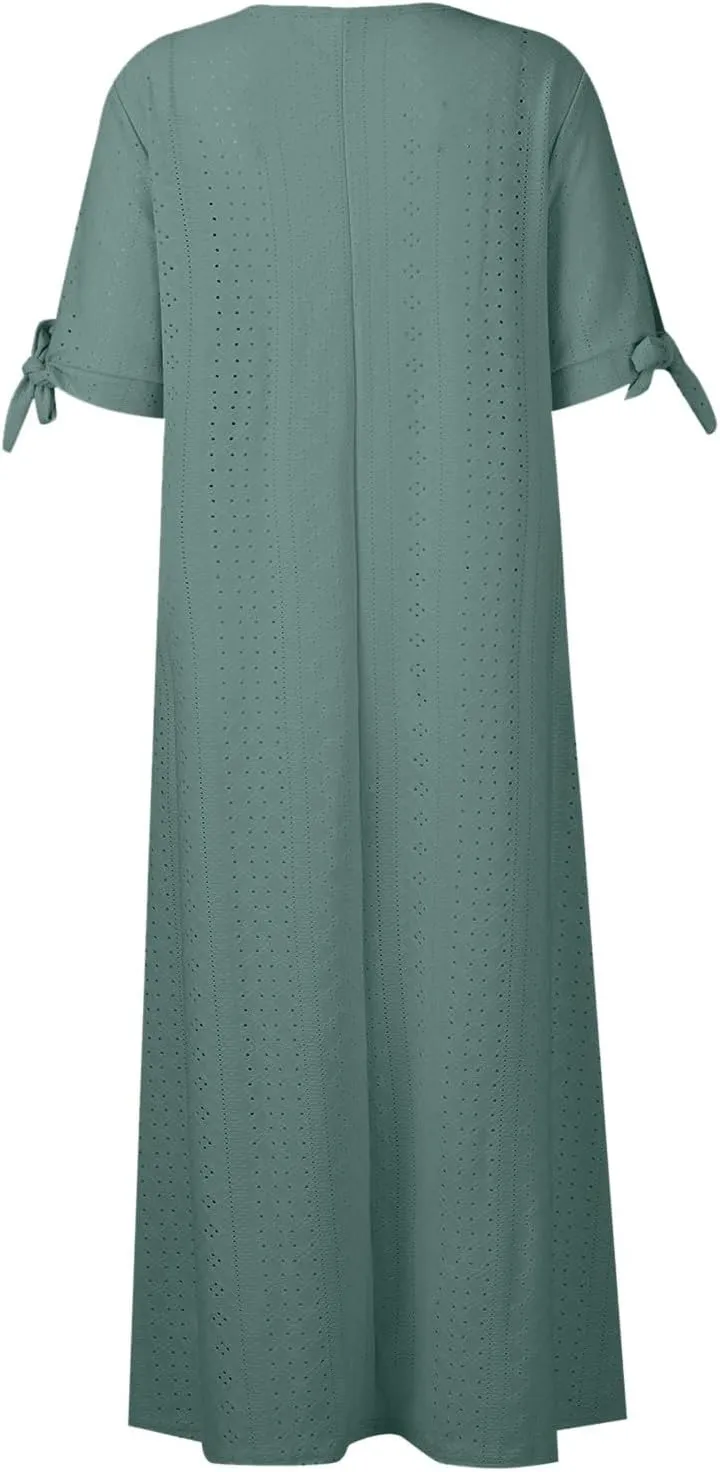 fanmpghleoo Maxi Dress for Women 2025 Cold Shoulder Eyelet Dress with Pockets Beach Vacation Boho Wedding Guest Midi Dresses