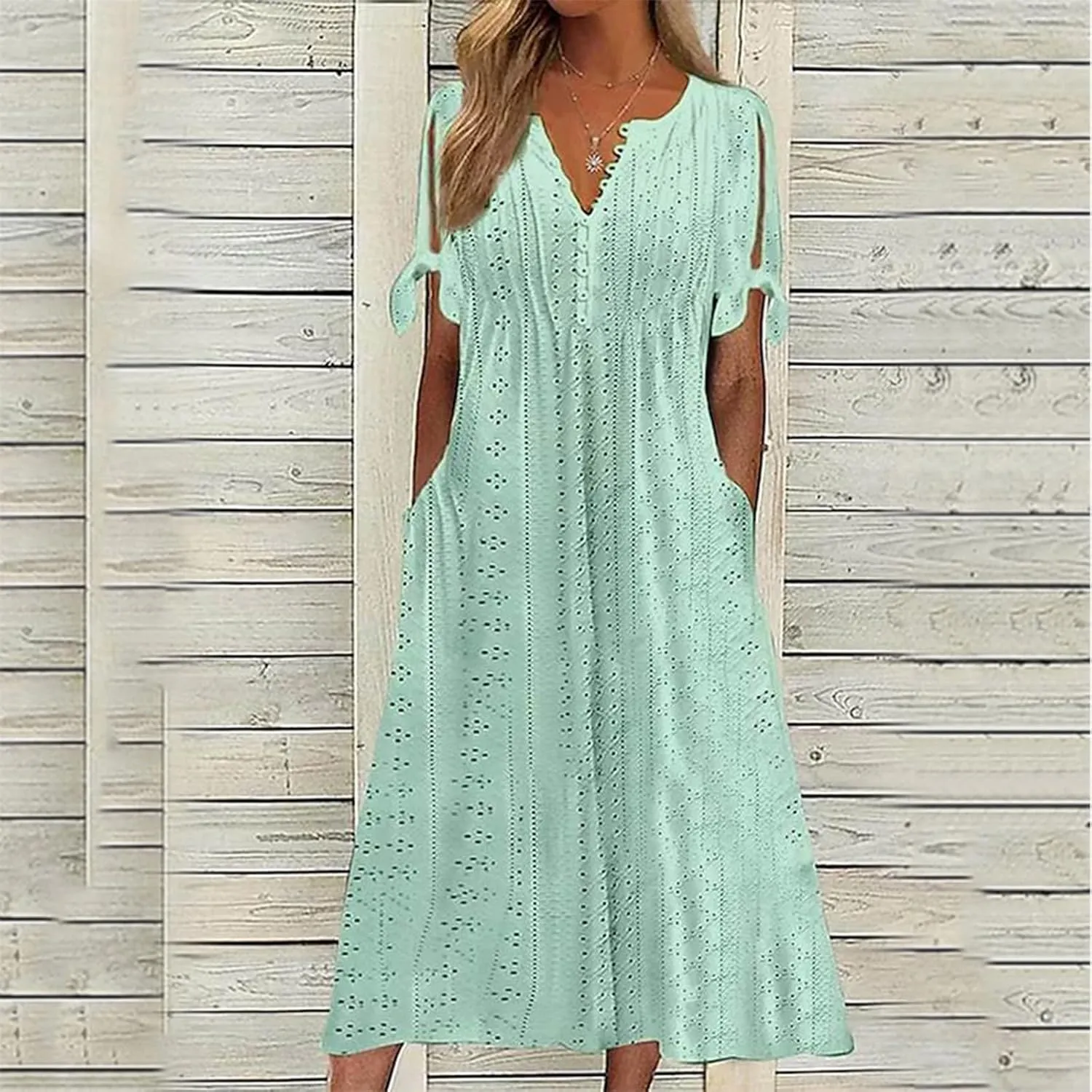 fanmpghleoo Maxi Dress for Women 2025 Cold Shoulder Eyelet Dress with Pockets Beach Vacation Boho Wedding Guest Midi Dresses