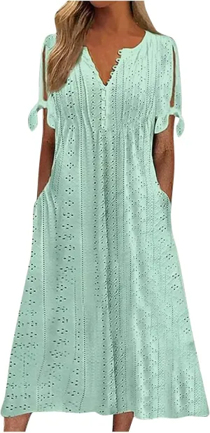 fanmpghleoo Maxi Dress for Women 2025 Cold Shoulder Eyelet Dress with Pockets Beach Vacation Boho Wedding Guest Midi Dresses
