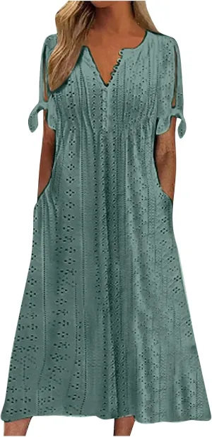 fanmpghleoo Maxi Dress for Women 2025 Cold Shoulder Eyelet Dress with Pockets Beach Vacation Boho Wedding Guest Midi Dresses