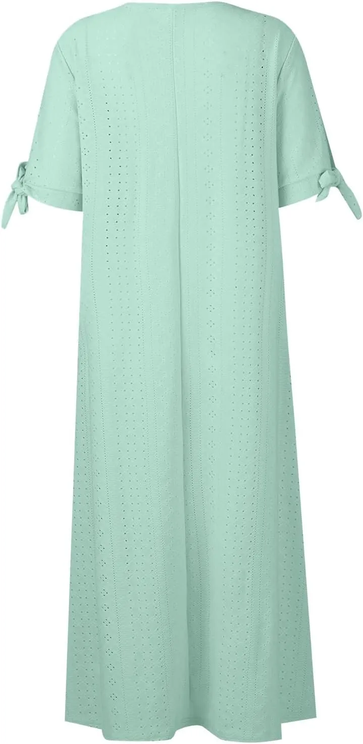 fanmpghleoo Maxi Dress for Women 2025 Cold Shoulder Eyelet Dress with Pockets Beach Vacation Boho Wedding Guest Midi Dresses