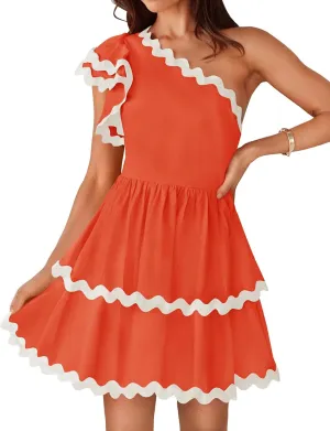 Faretumiya Y2k Summer One Shoulder Dress for Women Ruffle Short Sleeve Tiered Flowy Boho Mini Dress Going Out Bohemian