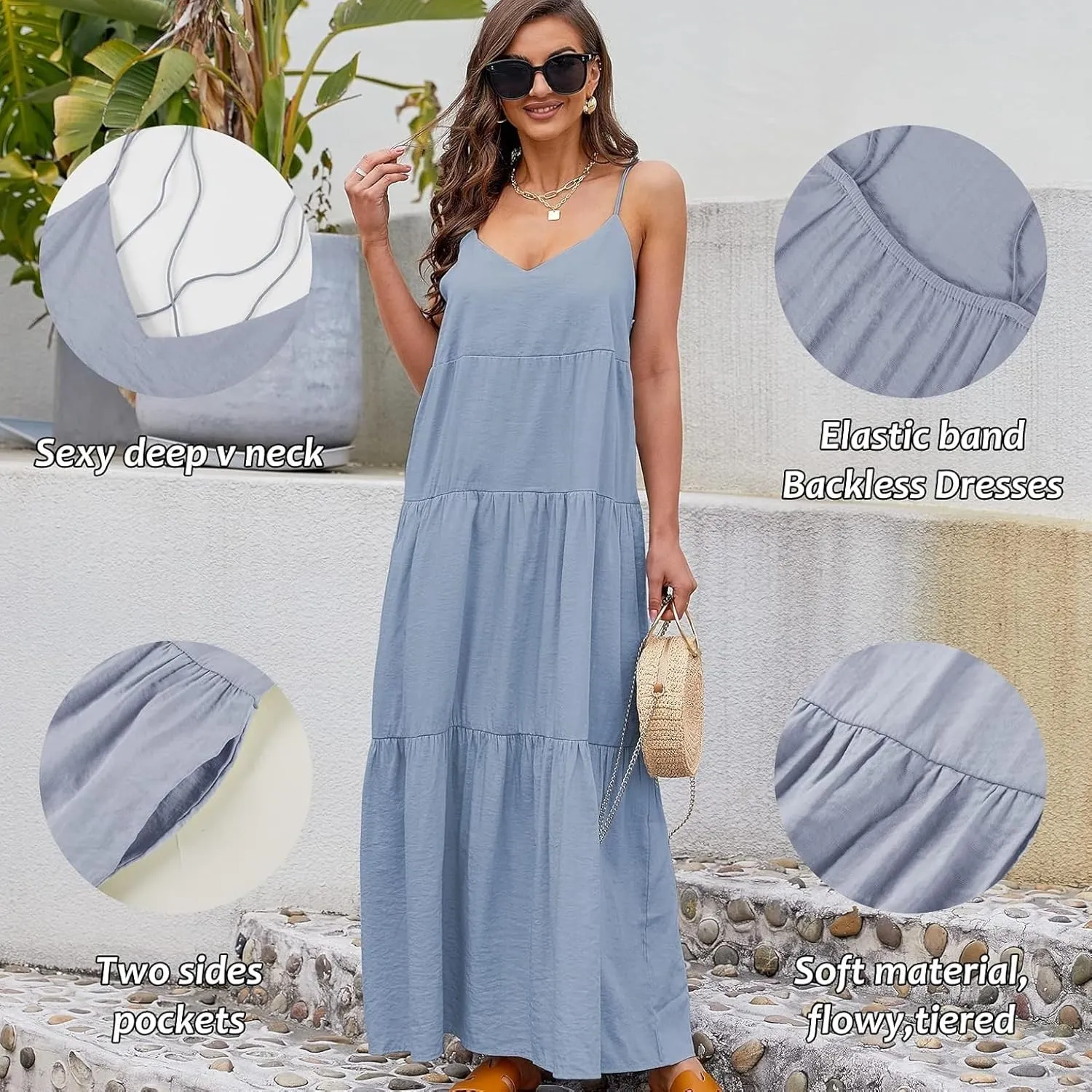 Febriajuce Womens Summer Maxi Dress Casaul Spaghetti Straps Solid V-Neck Backless Cami Dresses with Two Pockets