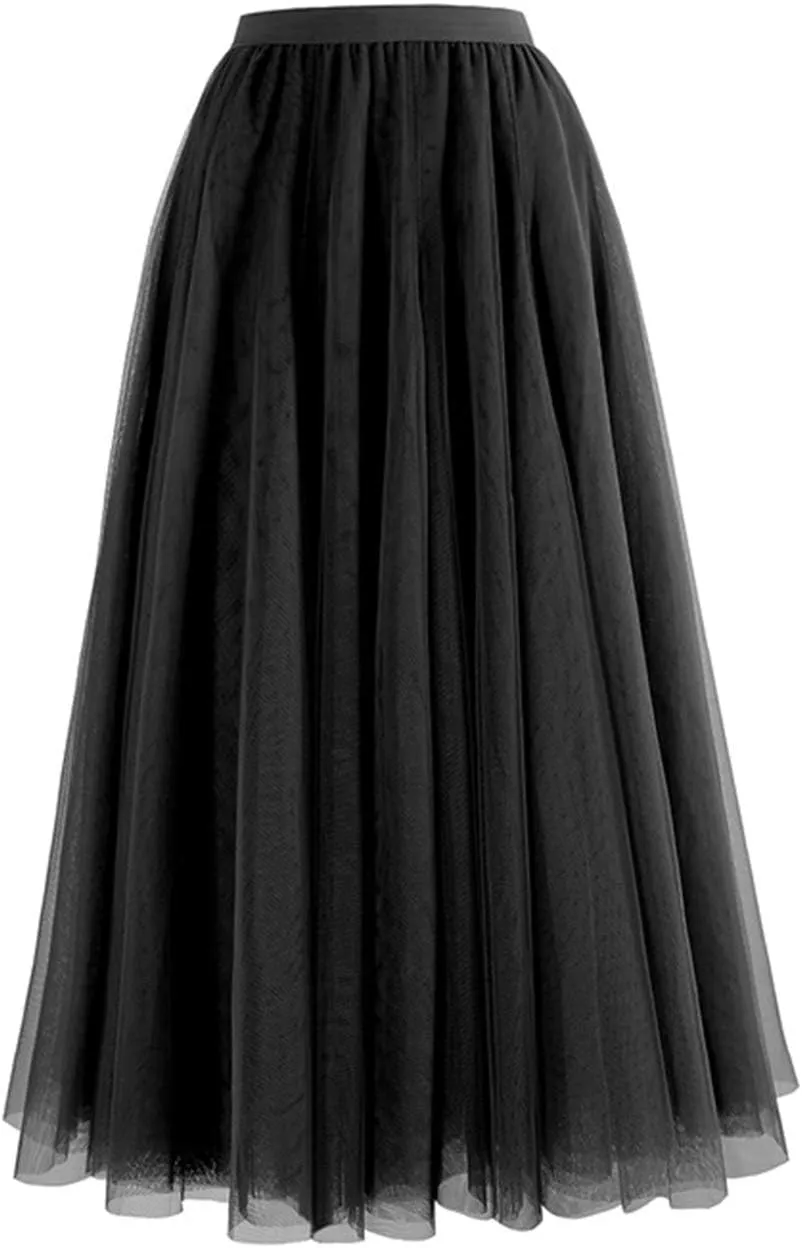 FEOYA Women Tutu Tulle Skirt A-Line Fairy Pleated Elastic Waist Maxi Midi Tea Length Party Evening Summer Casual Skirt