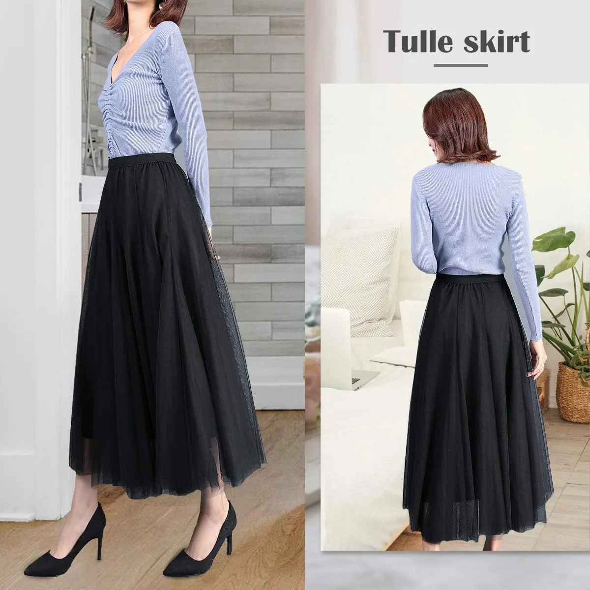 FEOYA Women Tutu Tulle Skirt A-Line Fairy Pleated Elastic Waist Maxi Midi Tea Length Party Evening Summer Casual Skirt