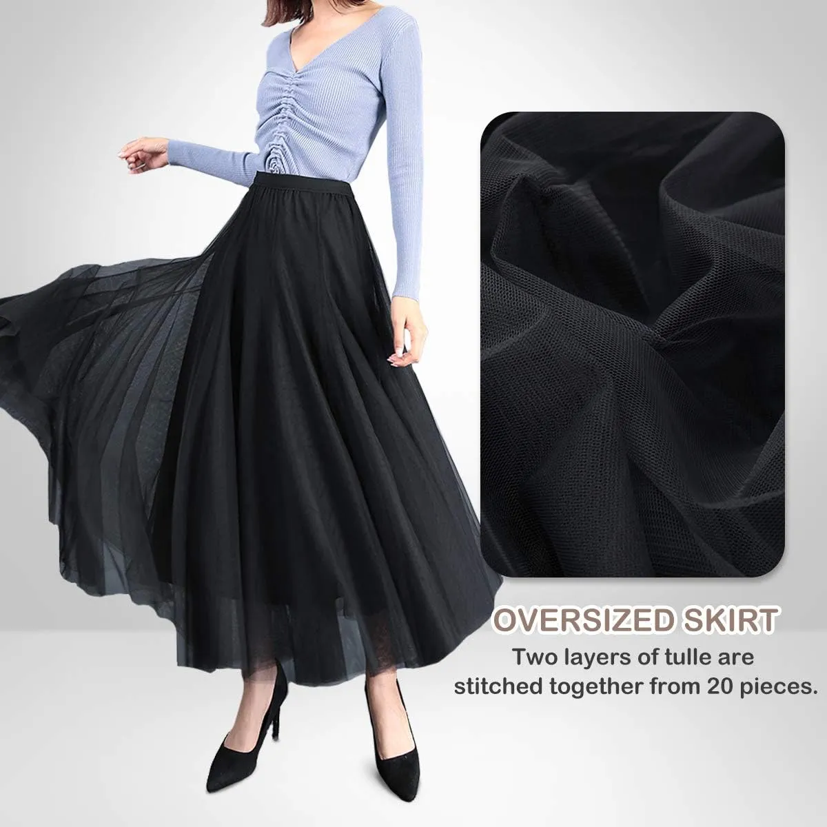 FEOYA Women Tutu Tulle Skirt A-Line Fairy Pleated Elastic Waist Maxi Midi Tea Length Party Evening Summer Casual Skirt
