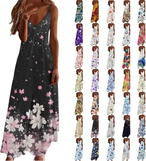Floral Dress Beach Dress Boho Spaghetti Strap V Neck Flowy Maxi Long Sundress Summer Dresses for Women 2025 Sleeveless