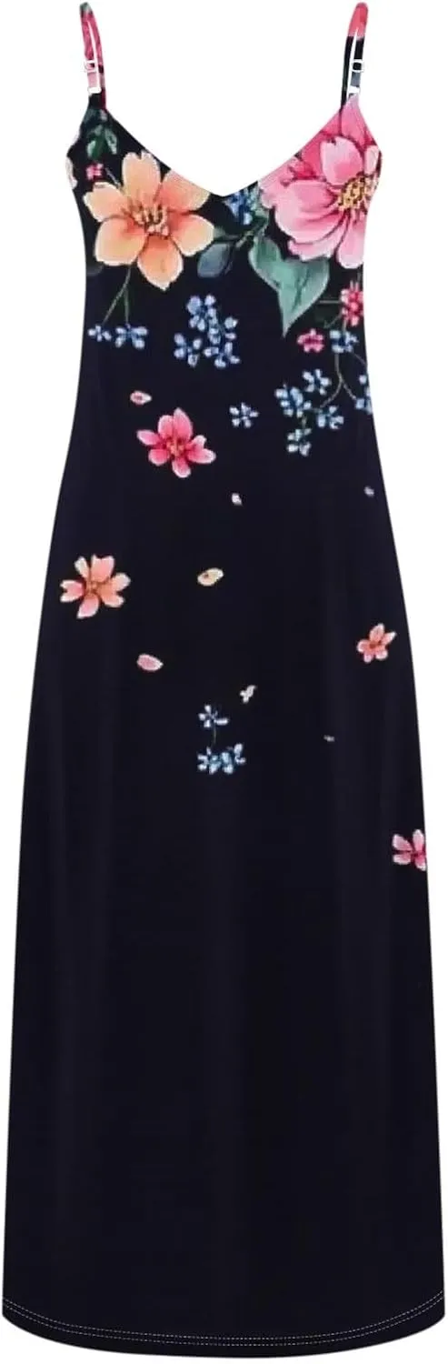 Floral Dress Beach Dress Boho Spaghetti Strap V Neck Flowy Maxi Long Sundress Summer Dresses for Women 2025 Sleeveless