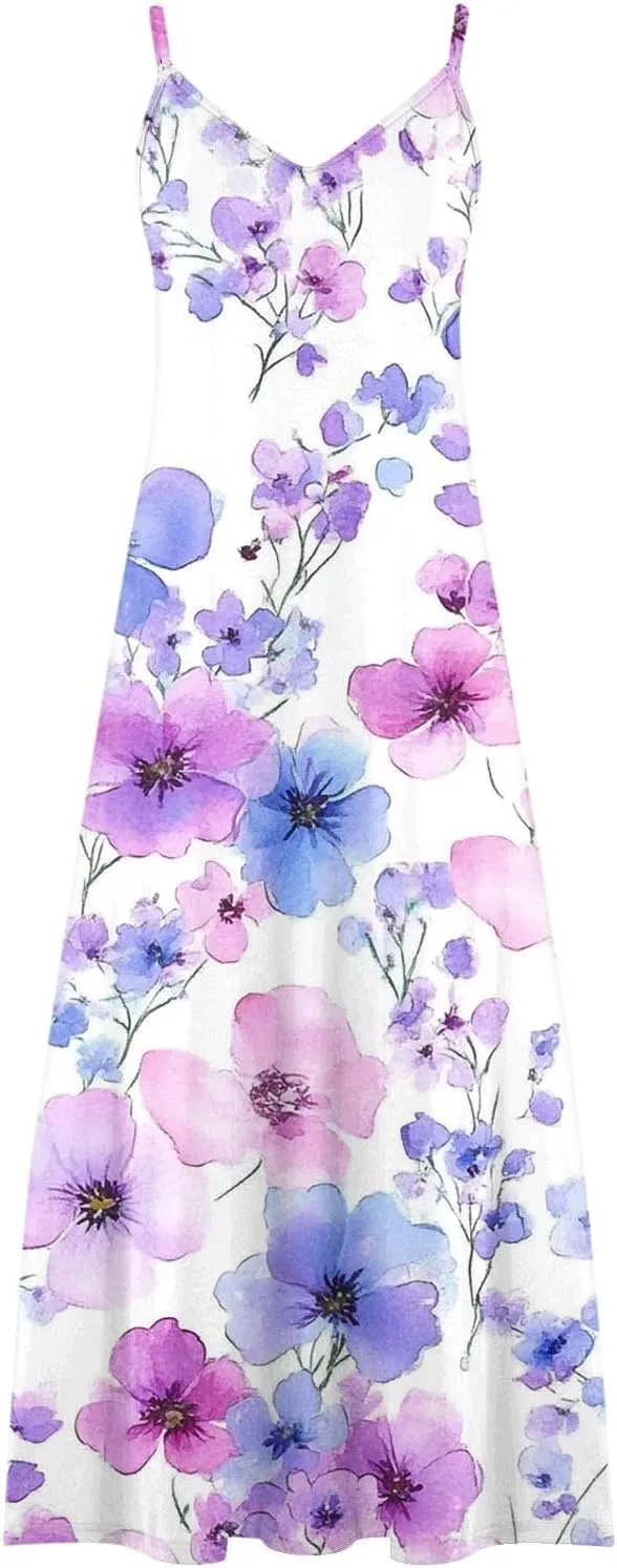Floral Dress Beach Dress Boho Spaghetti Strap V Neck Flowy Maxi Long Sundress Summer Dresses for Women 2025 Sleeveless