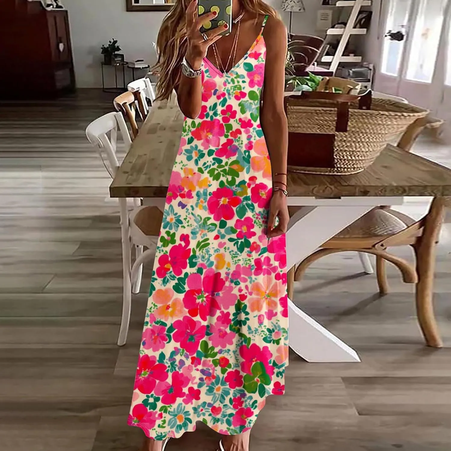 Floral Dress Beach Dress Boho Spaghetti Strap V Neck Flowy Maxi Long Sundress Summer Dresses for Women 2025 Sleeveless