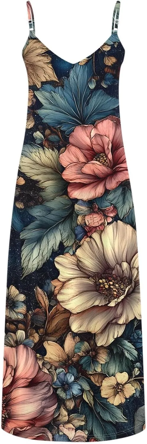 Floral Dress Beach Dress Boho Spaghetti Strap V Neck Flowy Maxi Long Sundress Summer Dresses for Women 2025 Sleeveless