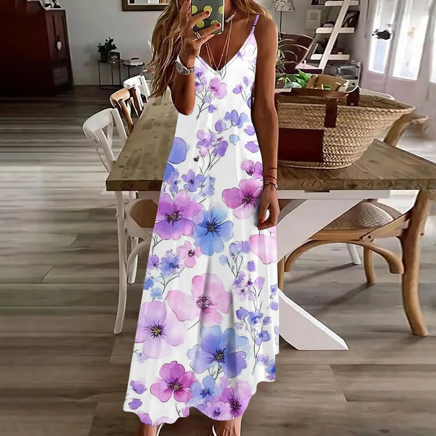 Floral Dress Beach Dress Boho Spaghetti Strap V Neck Flowy Maxi Long Sundress Summer Dresses for Women 2025 Sleeveless