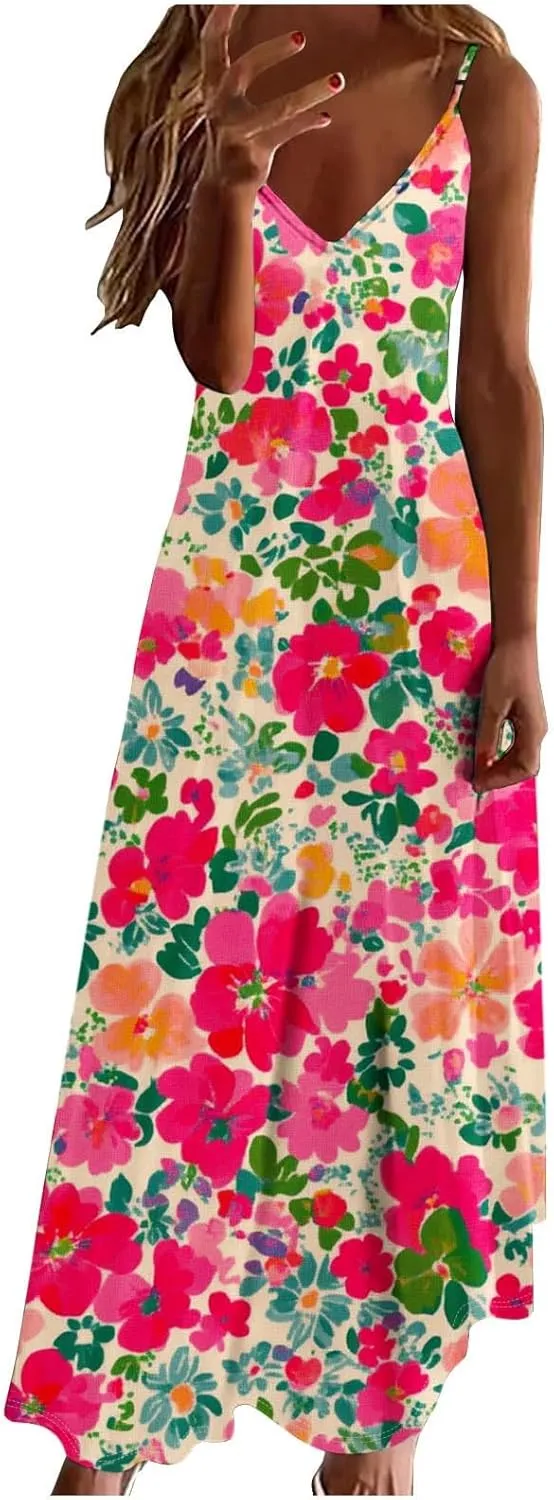 Floral Dress Beach Dress Boho Spaghetti Strap V Neck Flowy Maxi Long Sundress Summer Dresses for Women 2025 Sleeveless