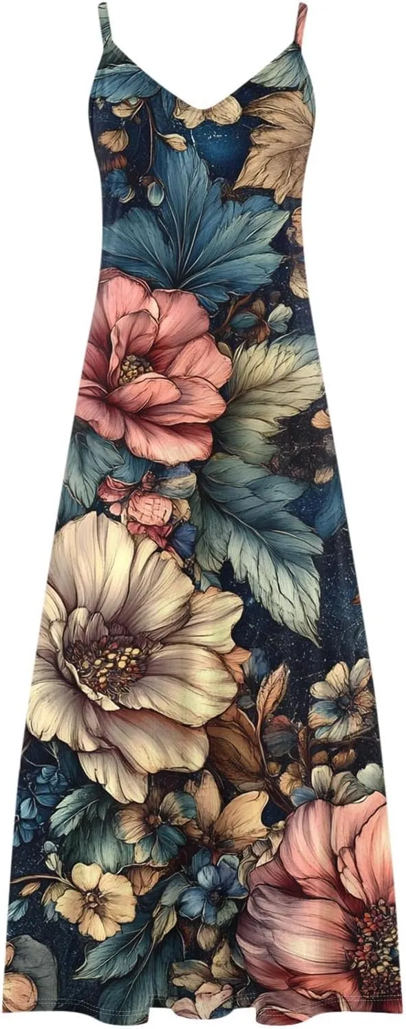 Floral Dress Beach Dress Boho Spaghetti Strap V Neck Flowy Maxi Long Sundress Summer Dresses for Women 2025 Sleeveless